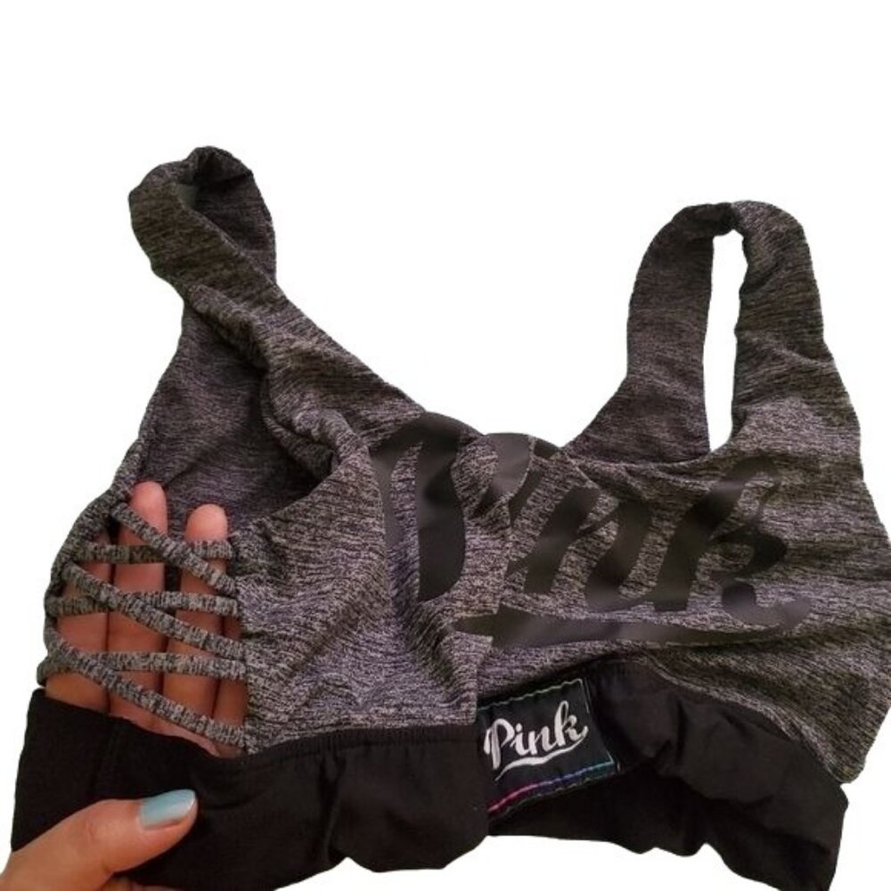 Pink womens Sport Bra size XS to small in my opinion no tag gray/black color - Picture 3 of 4